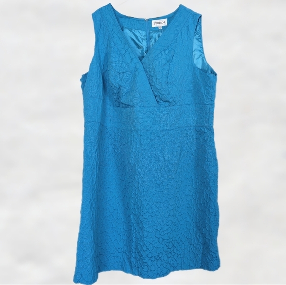 Studio I Sleeveless Textured Faux Wrap Shift Dress Lined Capri Aqua Blue- sz 24W - Picture 2 of 8